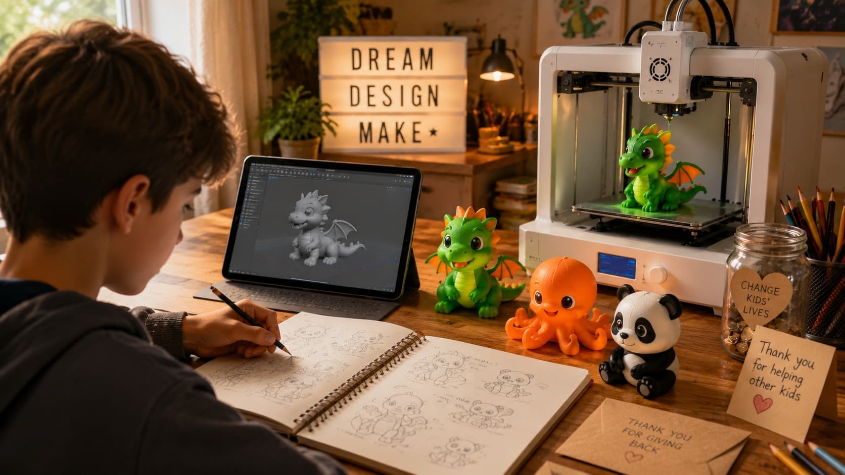The maker at a desk with an open sketchbook, a tablet showing a 3D model, and a printed toy