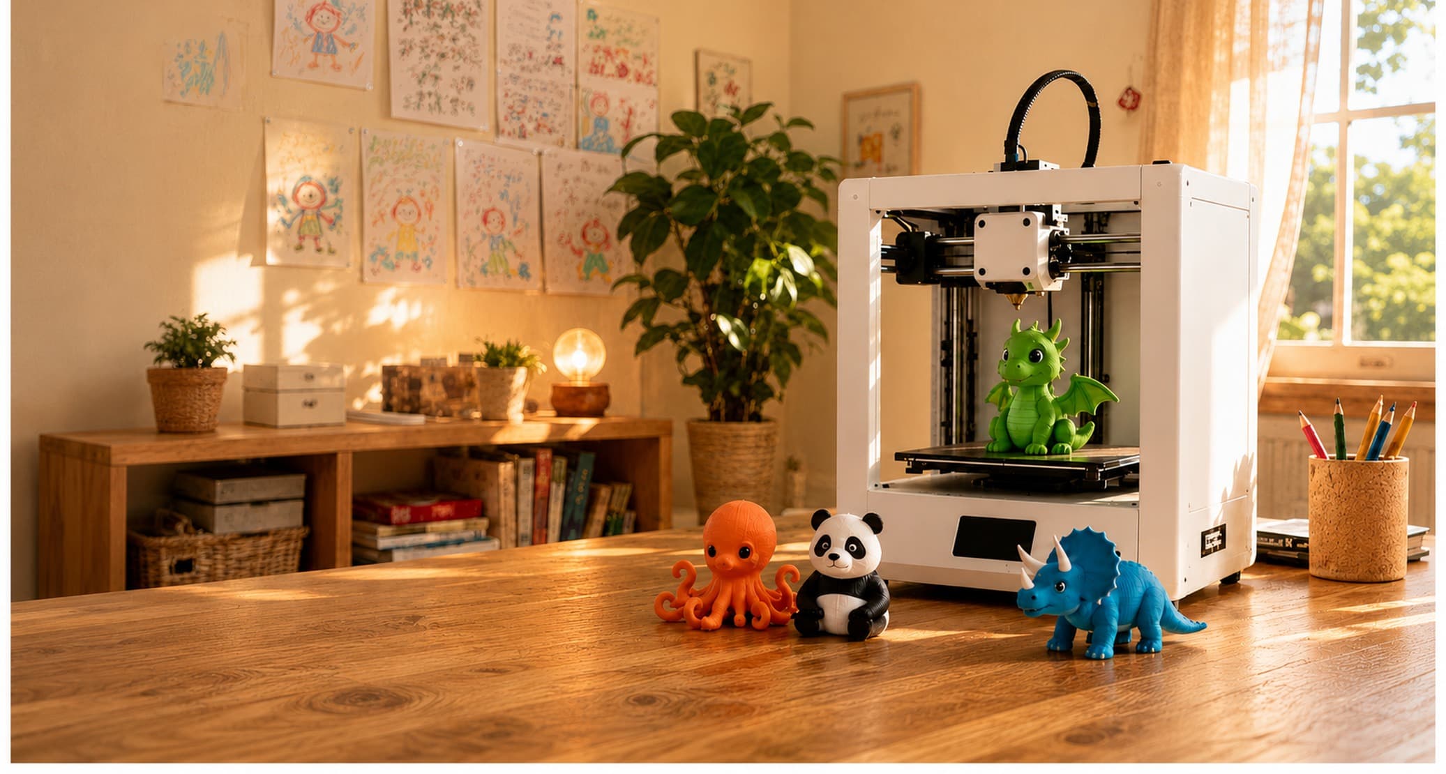 A Year 8 maker sketching toy ideas beside a 3D printer and a row of finished prints